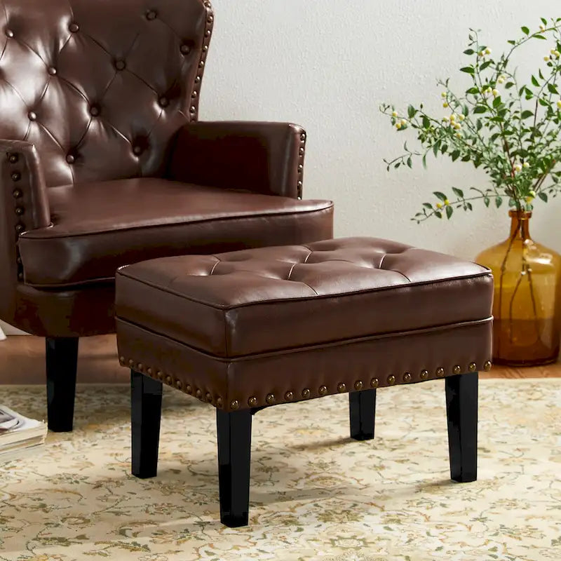 Pouffe ottoman en similicuir capitonné noir / café de style Mid-Century