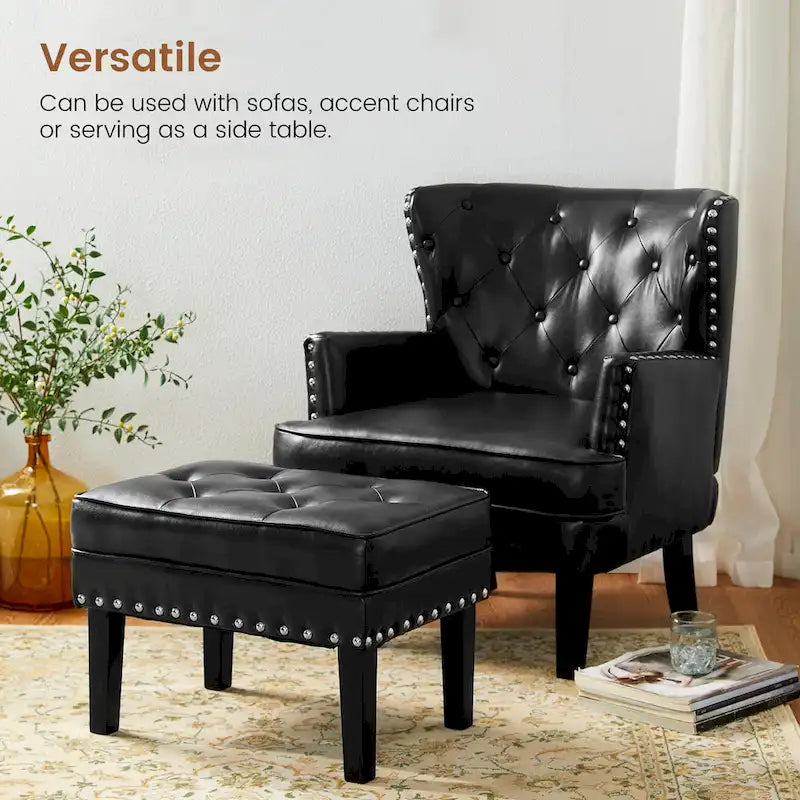 Pouffe ottoman en similicuir capitonné noir / café de style Mid-Century