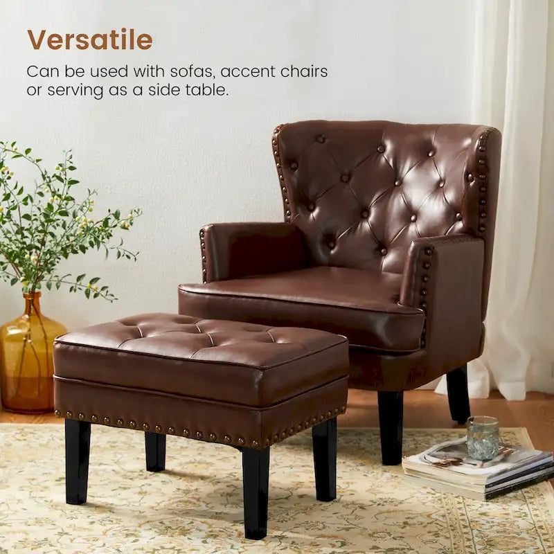 Pouffe ottoman en similicuir capitonné noir / café de style Mid-Century