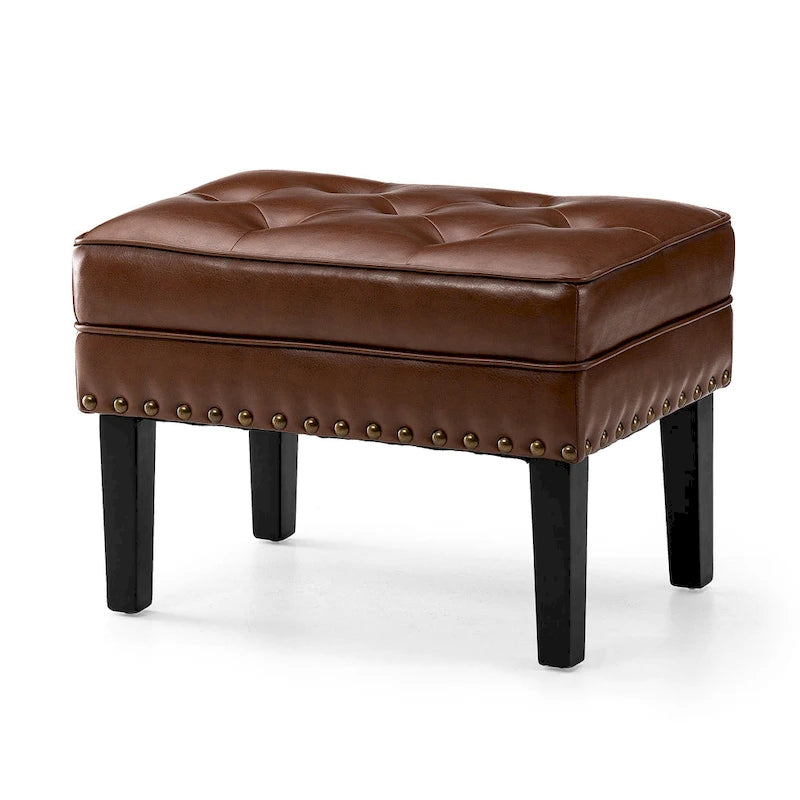 Pouffe ottoman en similicuir capitonné noir / café de style Mid-Century