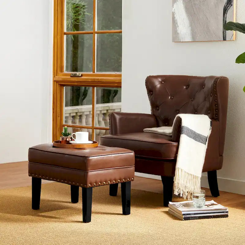 Pouffe ottoman en similicuir capitonné noir / café de style Mid-Century
