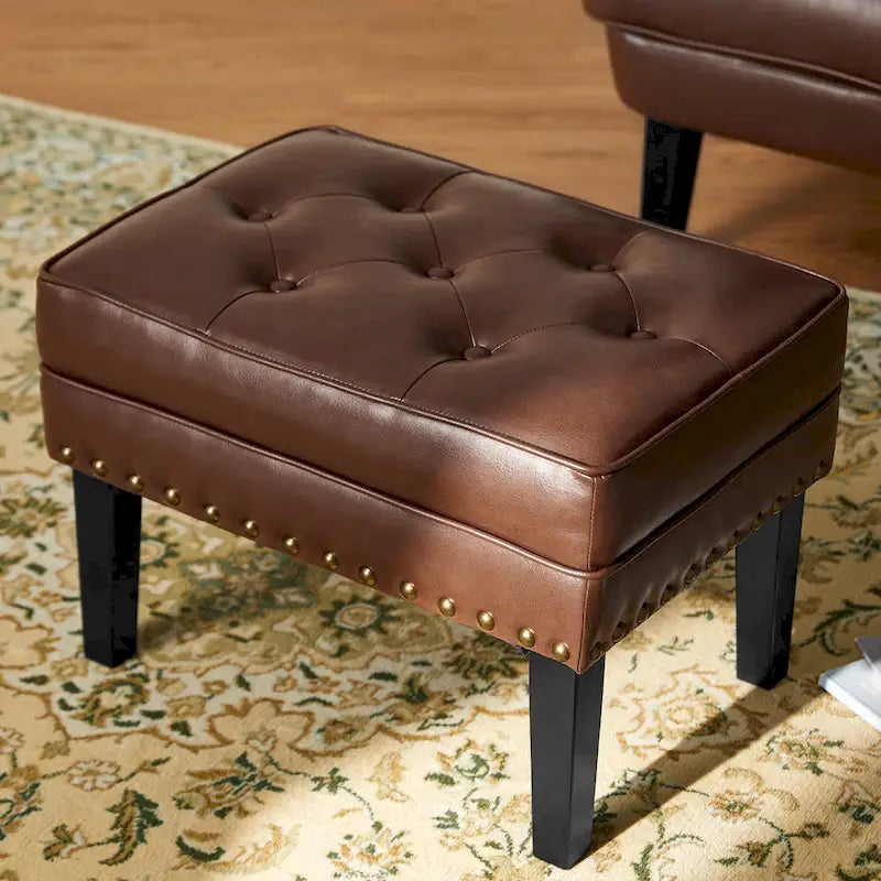 Pouffe ottoman en similicuir capitonné noir / café de style Mid-Century