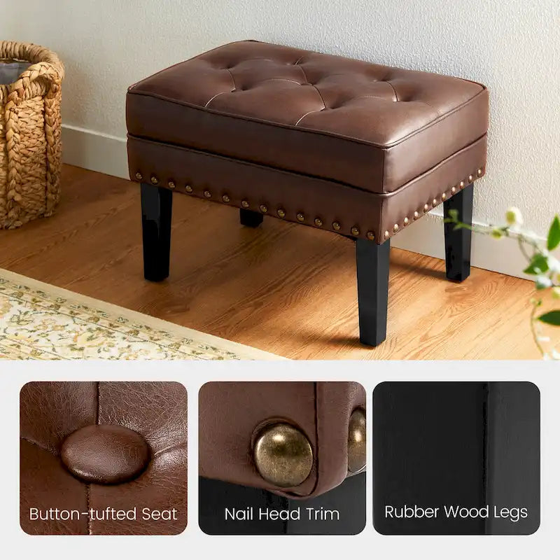 Pouffe ottoman en similicuir capitonné noir / café de style Mid-Century