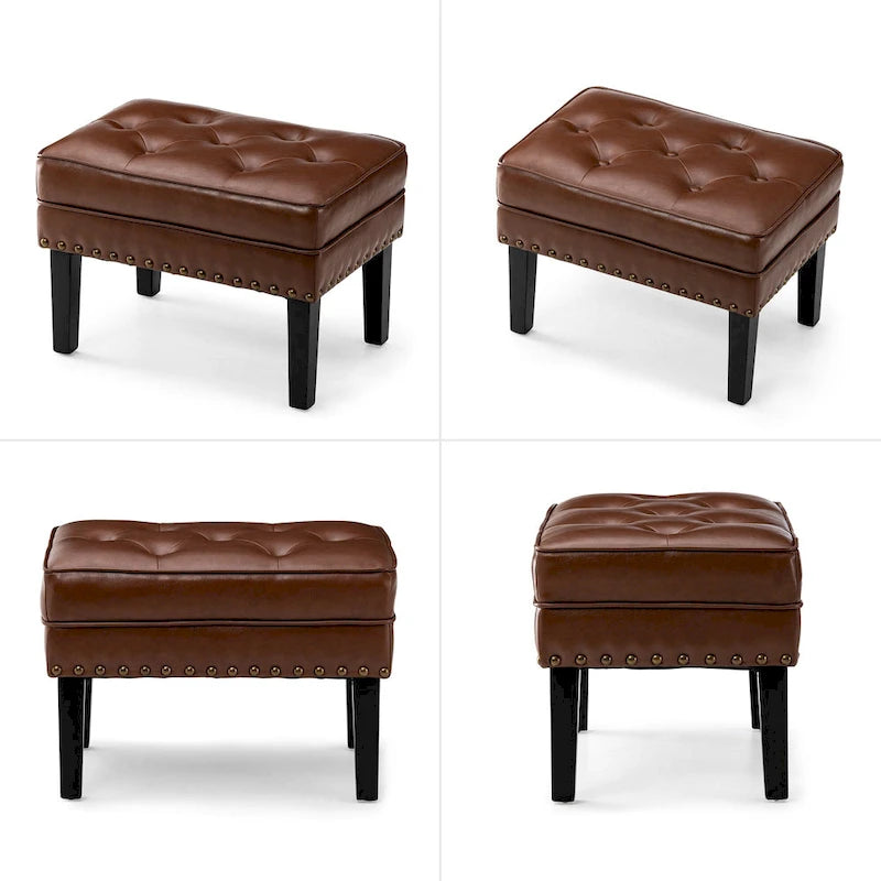 Pouffe ottoman en similicuir capitonné noir / café de style Mid-Century