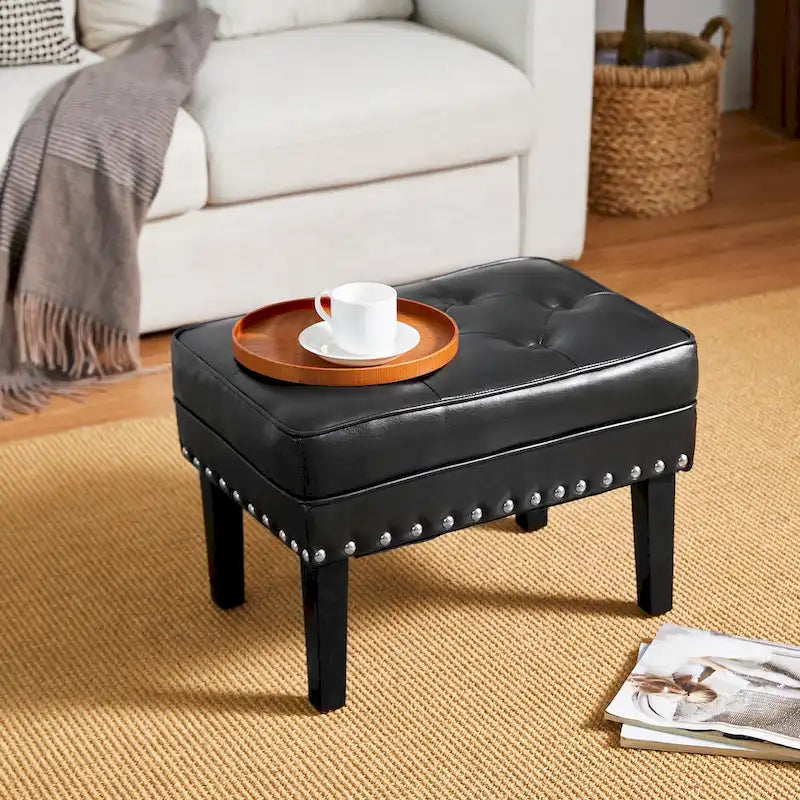 Pouffe ottoman en similicuir capitonné noir / café de style Mid-Century