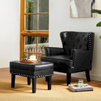 Pouffe ottoman en similicuir capitonné noir / café de style Mid-Century