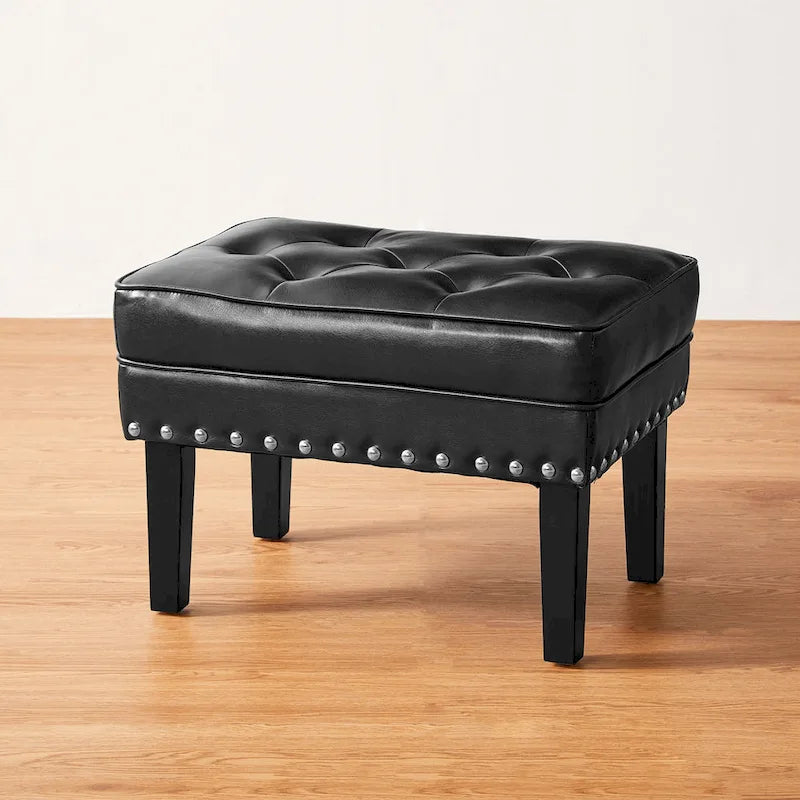 Pouffe ottoman en similicuir capitonné noir / café de style Mid-Century