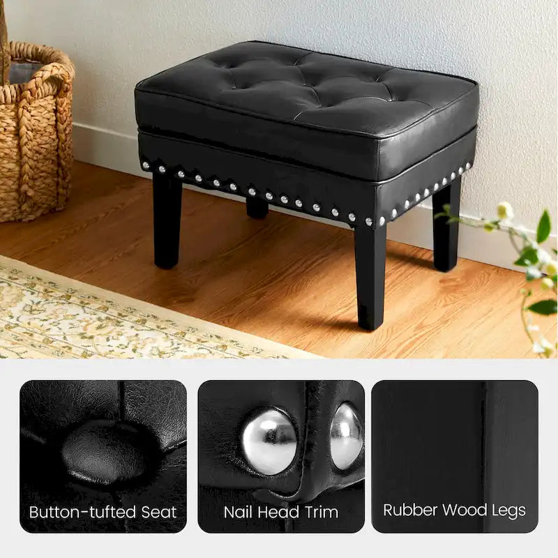 Pouffe ottoman en similicuir capitonné noir / café de style Mid-Century