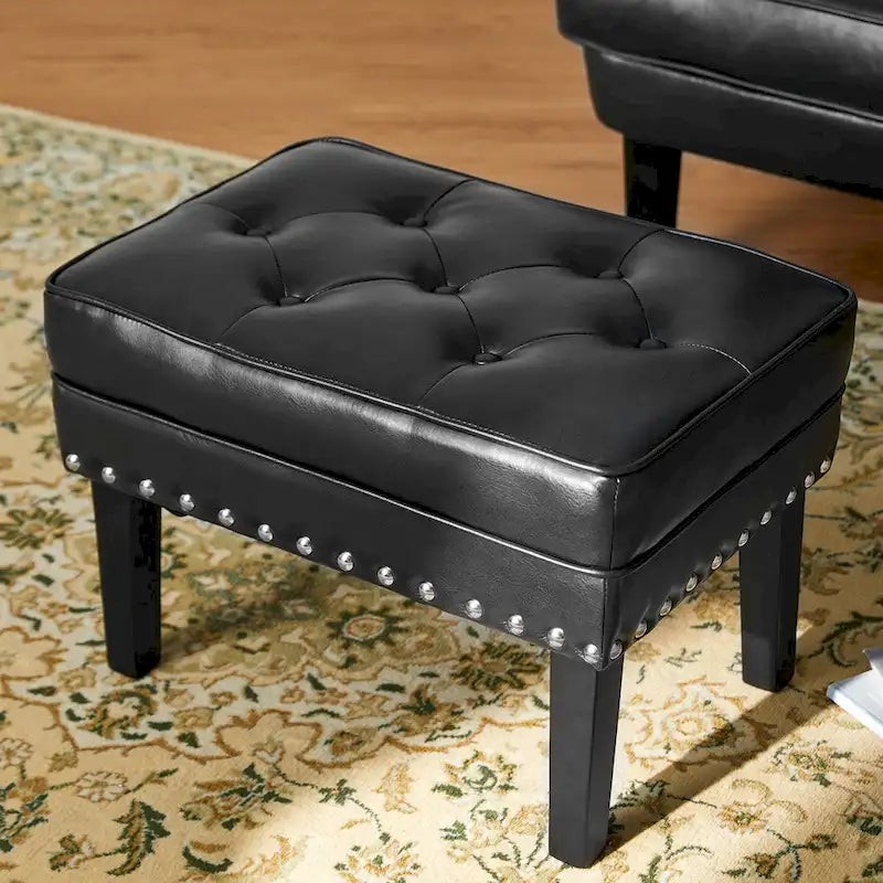 Pouffe ottoman en similicuir capitonné noir / café de style Mid-Century