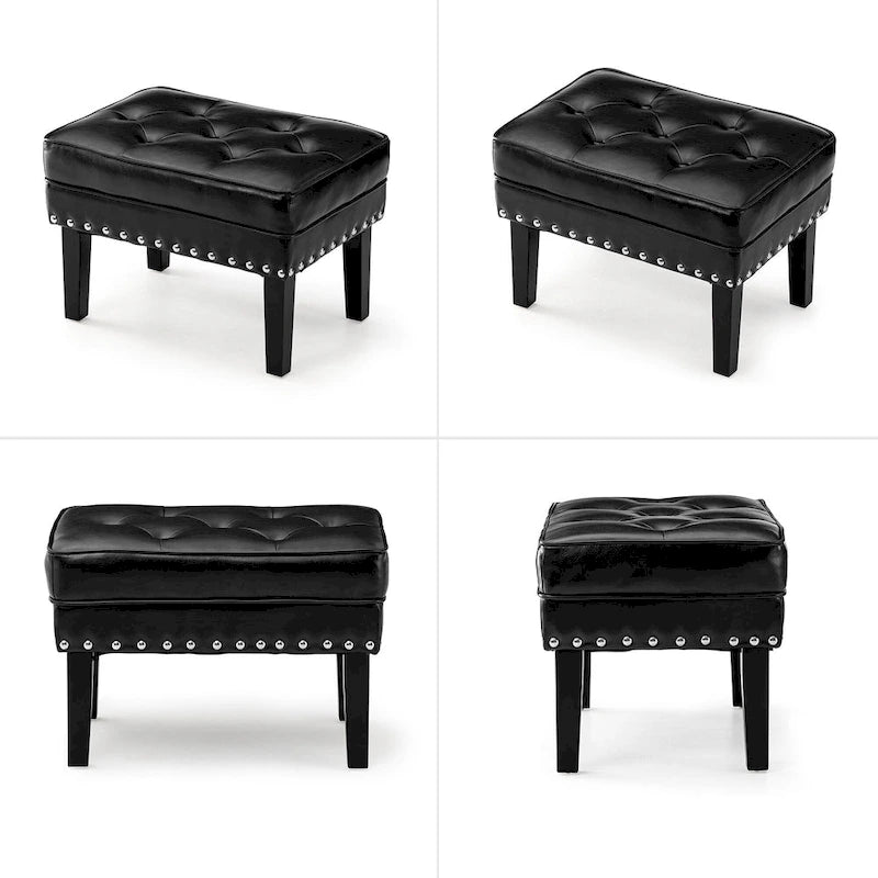 Pouffe ottoman en similicuir capitonné noir / café de style Mid-Century