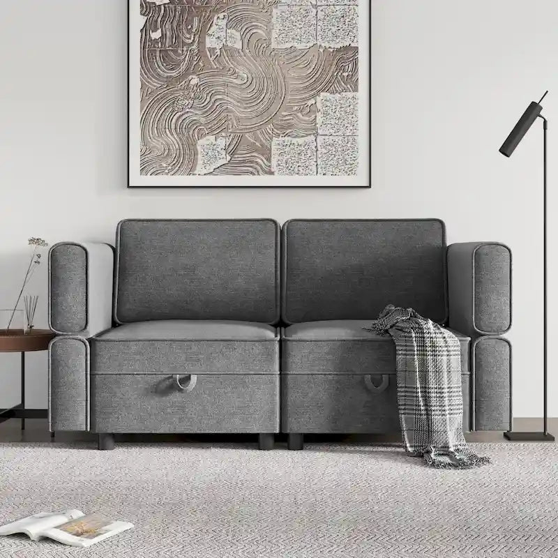 Causeuse modulaire en chenille grise avec rangement, 2 places