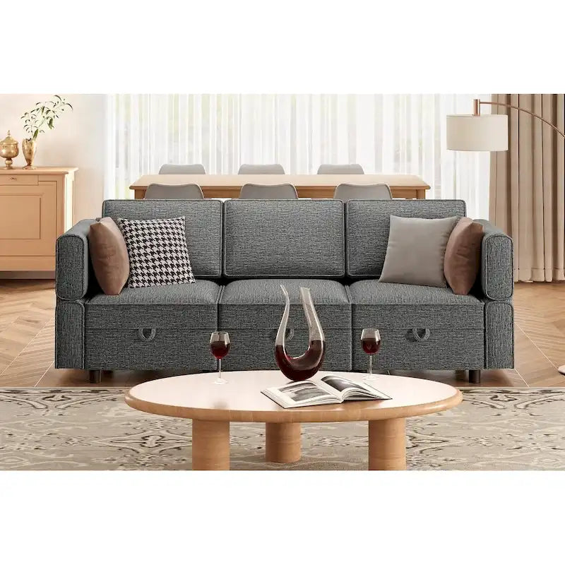 Causeuse modulaire en chenille grise avec rangement, 2 places