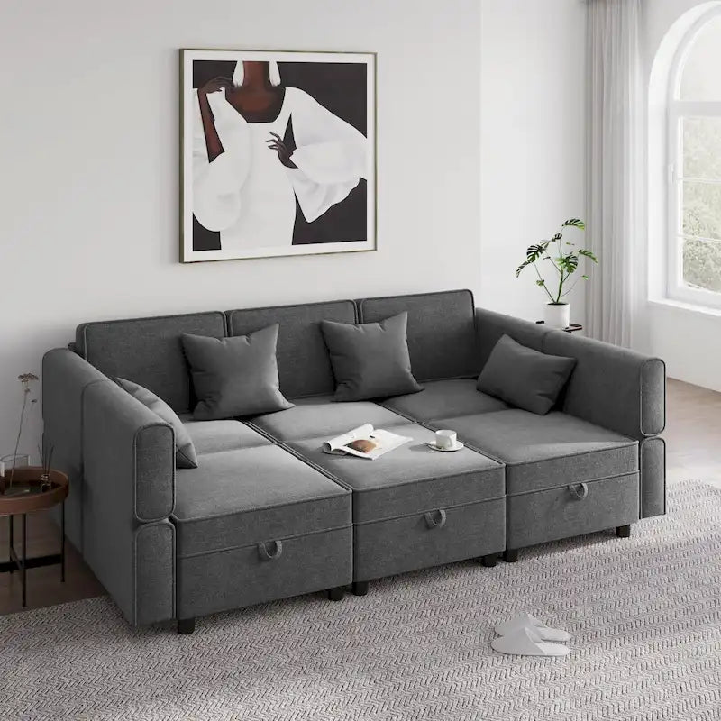 Causeuse modulaire en chenille grise avec rangement, 2 places