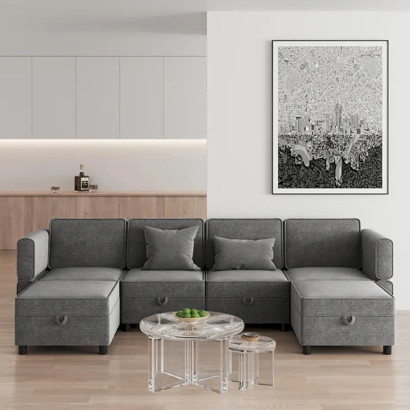 Causeuse modulaire en chenille grise avec rangement, 2 places