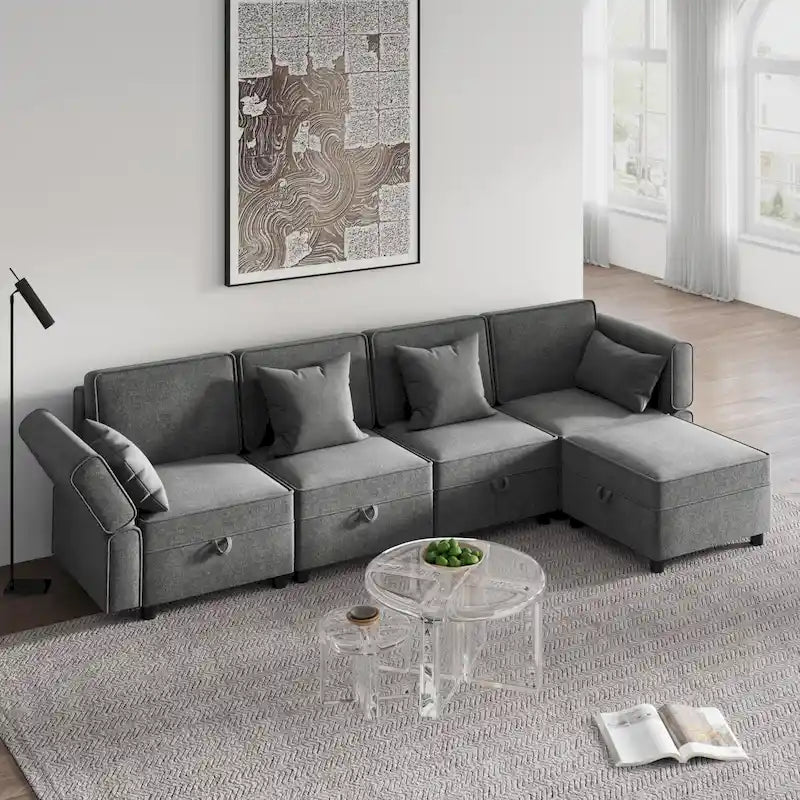 Causeuse modulaire en chenille grise avec rangement, 2 places