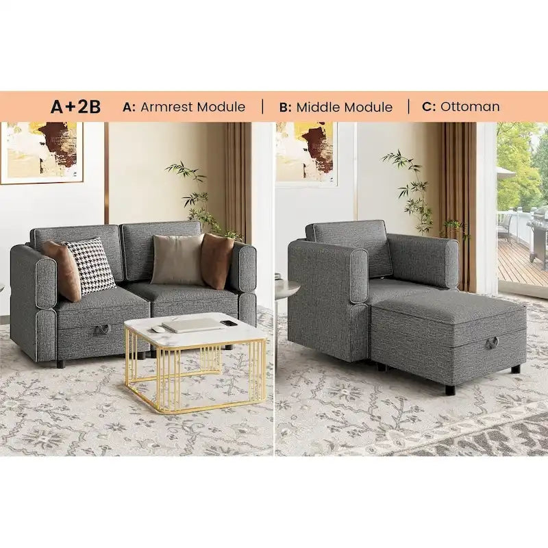 Causeuse modulaire en chenille grise avec rangement, 2 places
