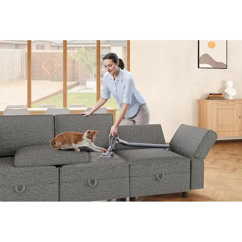 Causeuse modulaire en chenille grise avec rangement, 2 places