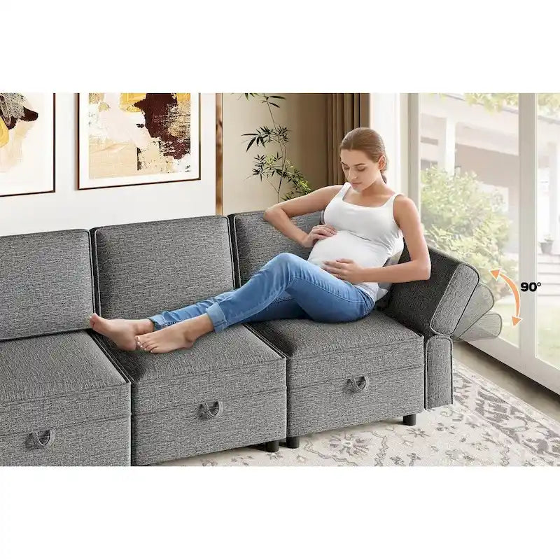 Causeuse modulaire en chenille grise avec rangement, 2 places