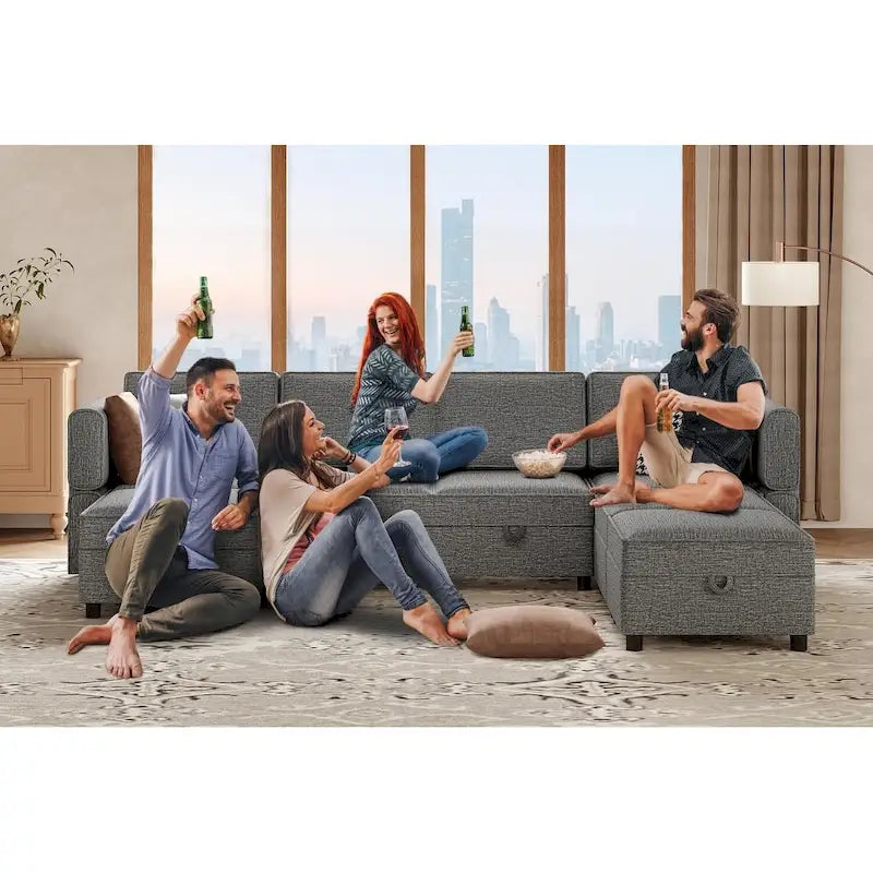 Causeuse modulaire en chenille grise avec rangement, 2 places