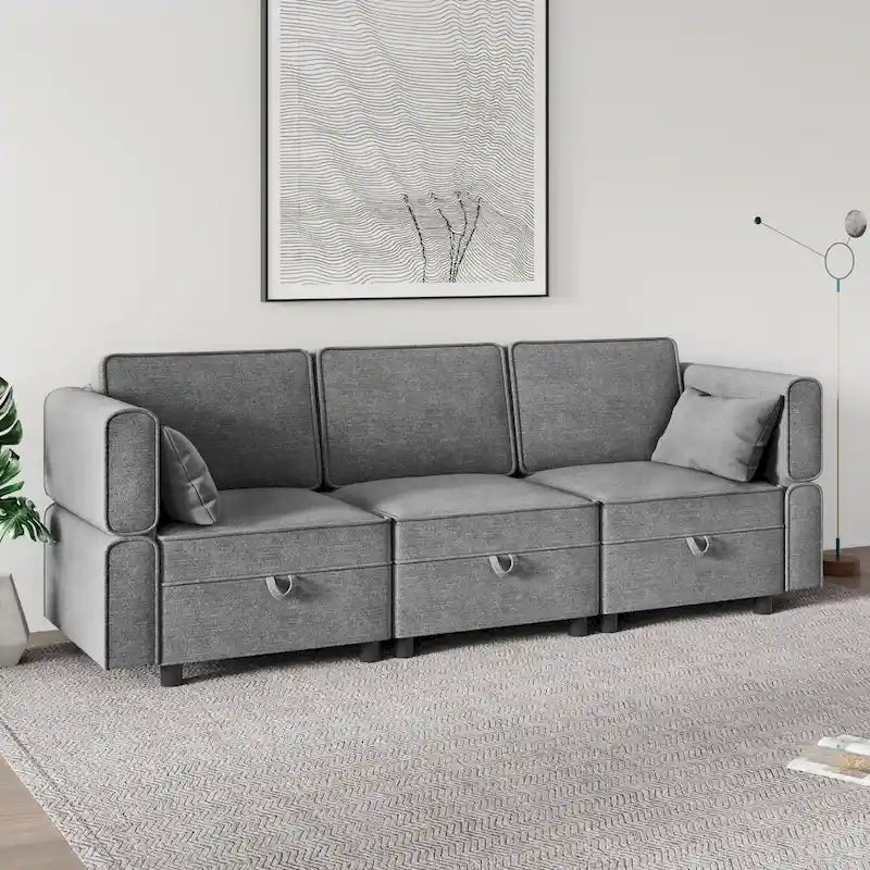 Causeuse modulaire en chenille grise avec rangement, 2 places