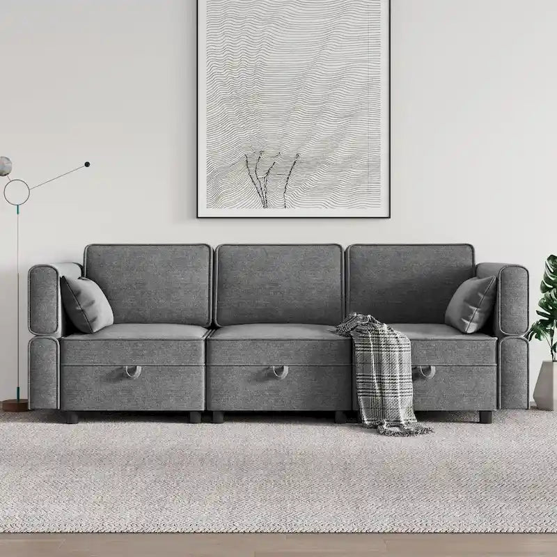 Causeuse modulaire en chenille grise avec rangement, 2 places