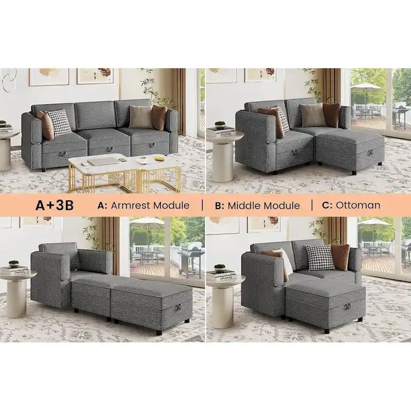 Causeuse modulaire en chenille grise avec rangement, 2 places
