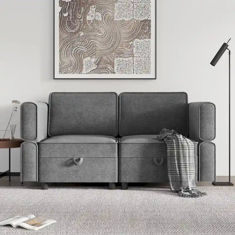 Causeuse modulaire en chenille grise avec rangement, 2 places