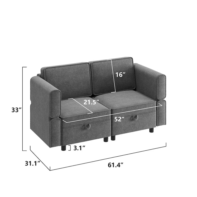 Causeuse modulaire en chenille grise avec rangement, 2 places