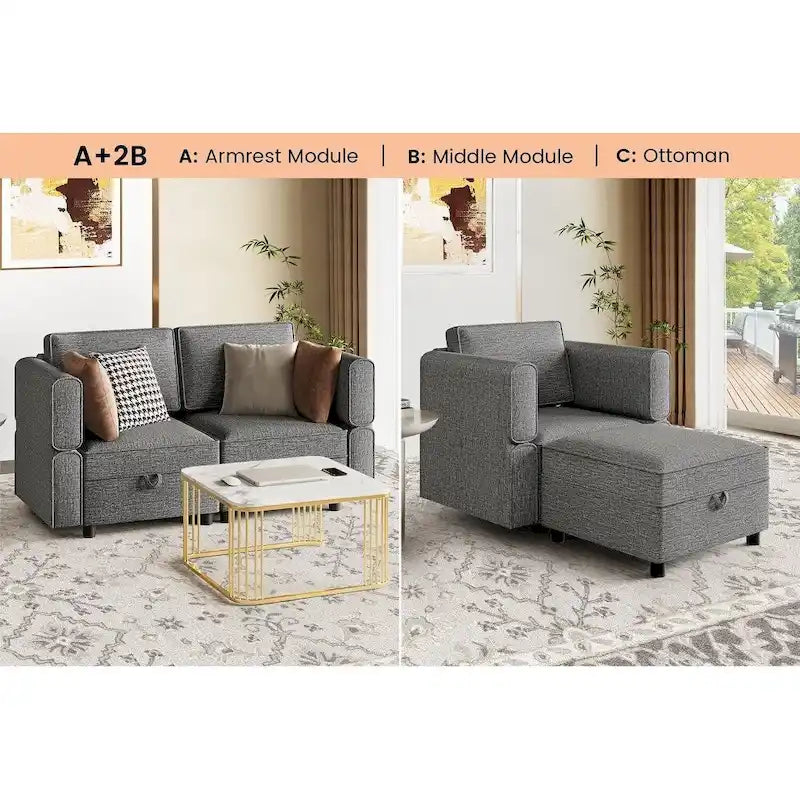 Causeuse modulaire en chenille grise avec rangement, 2 places