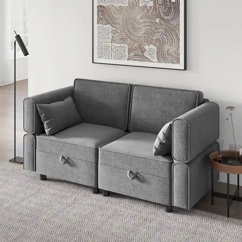 Causeuse modulaire en chenille grise avec rangement, 2 places