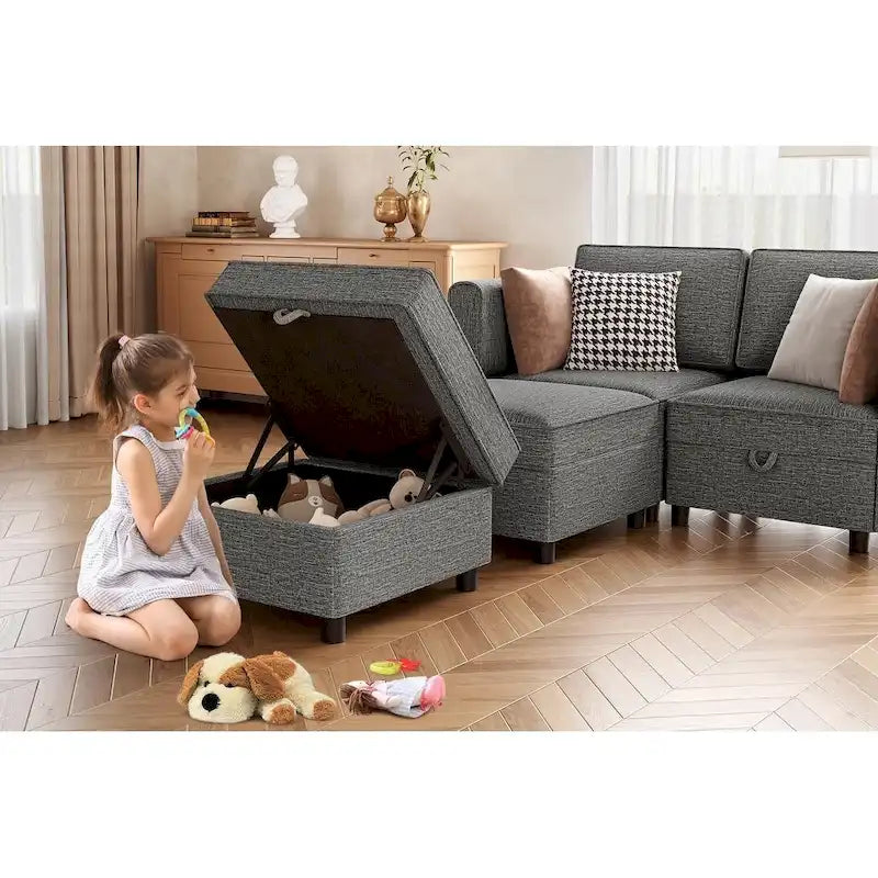 Causeuse modulaire en chenille grise avec rangement, 2 places