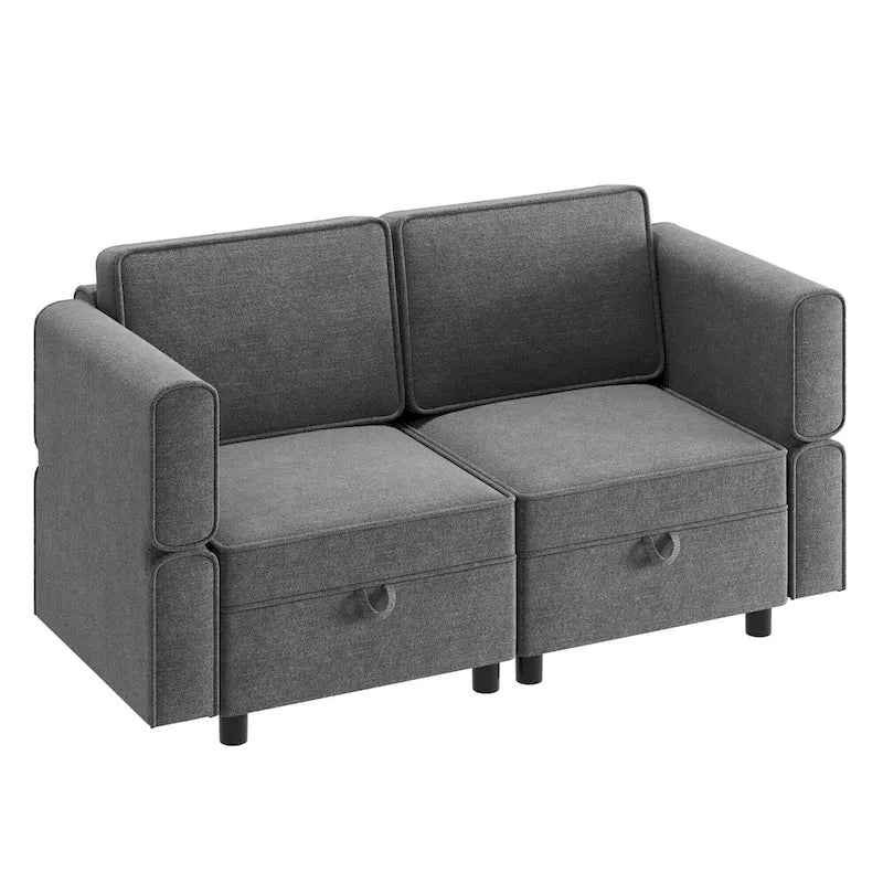 Causeuse modulaire en chenille grise avec rangement, 2 places