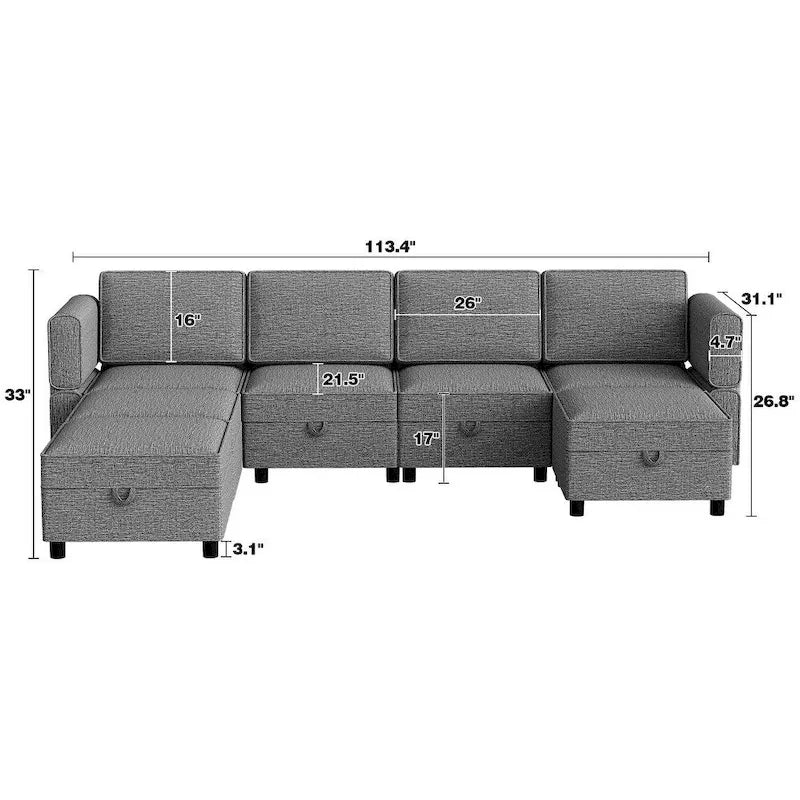 Causeuse modulaire en chenille grise avec rangement, 2 places