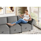 Causeuse modulaire en chenille grise avec rangement, 2 places