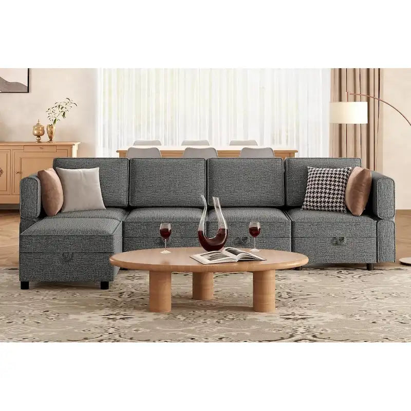 Causeuse modulaire en chenille grise avec rangement, 2 places
