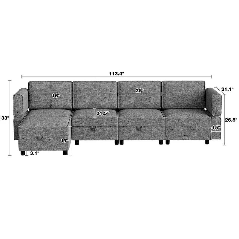 Causeuse modulaire en chenille grise avec rangement, 2 places