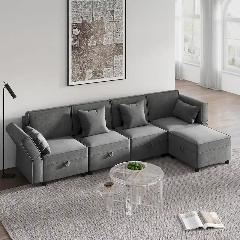 Causeuse modulaire en chenille grise avec rangement, 2 places