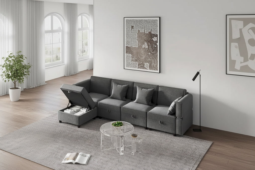 Causeuse modulaire en chenille grise avec rangement, 2 places