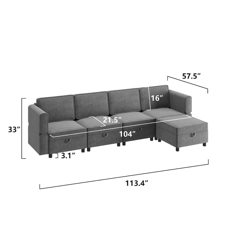 Causeuse modulaire en chenille grise avec rangement, 2 places