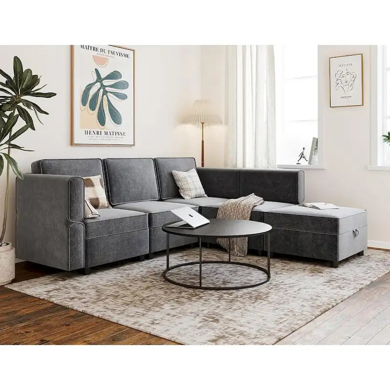 Causeuse modulaire en chenille grise avec rangement, 2 places