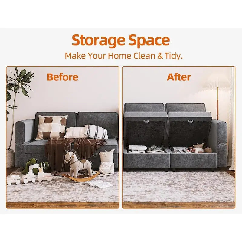Causeuse modulaire en chenille grise avec rangement, 2 places