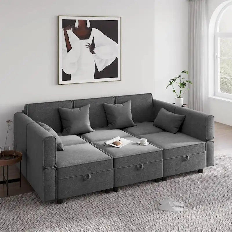 Causeuse modulaire en chenille grise avec rangement, 2 places