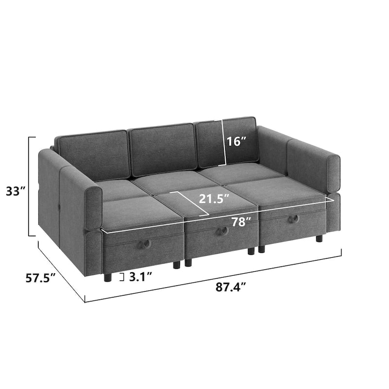 Causeuse modulaire en chenille grise avec rangement, 2 places