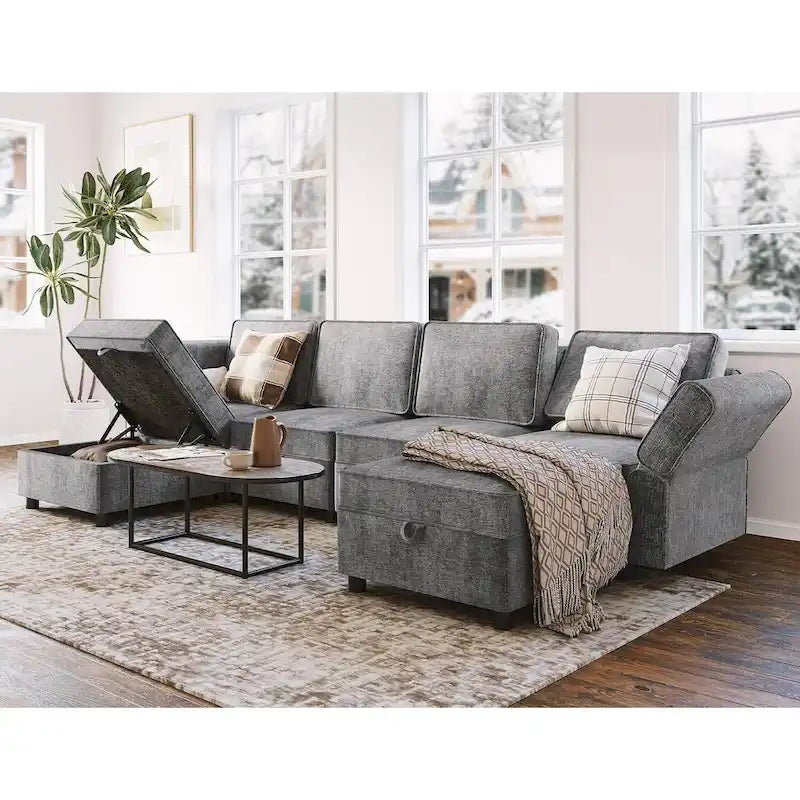 Causeuse modulaire en chenille grise avec rangement, 2 places