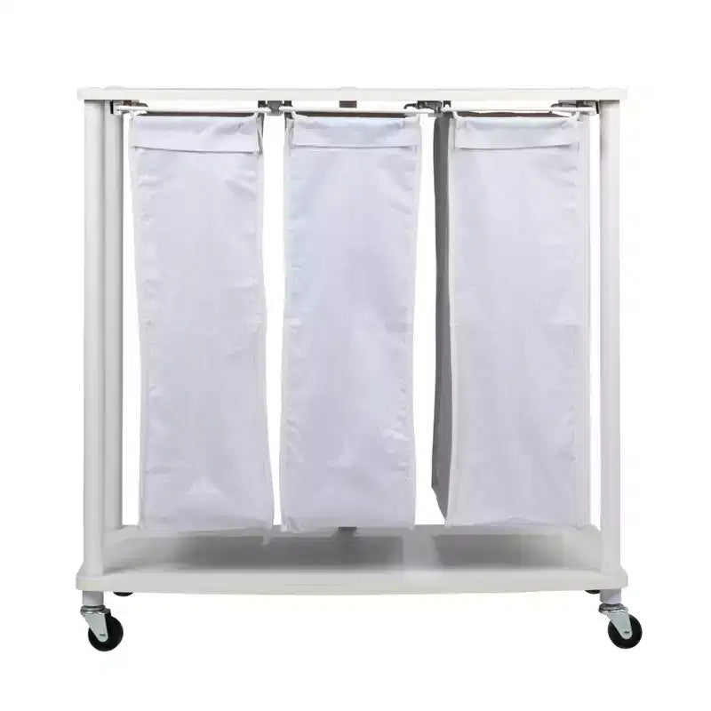Centre de lessive à 3 sacs, Tablettes en stratifié lisse, Cadre en acier robuste, Barre de suspension, Options de pieds à roulettes et fixes