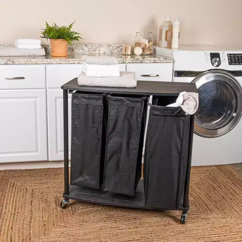 Centre de lessive à 3 sacs, Tablettes en stratifié lisse, Cadre en acier robuste, Barre de suspension, Options de pieds à roulettes et fixes