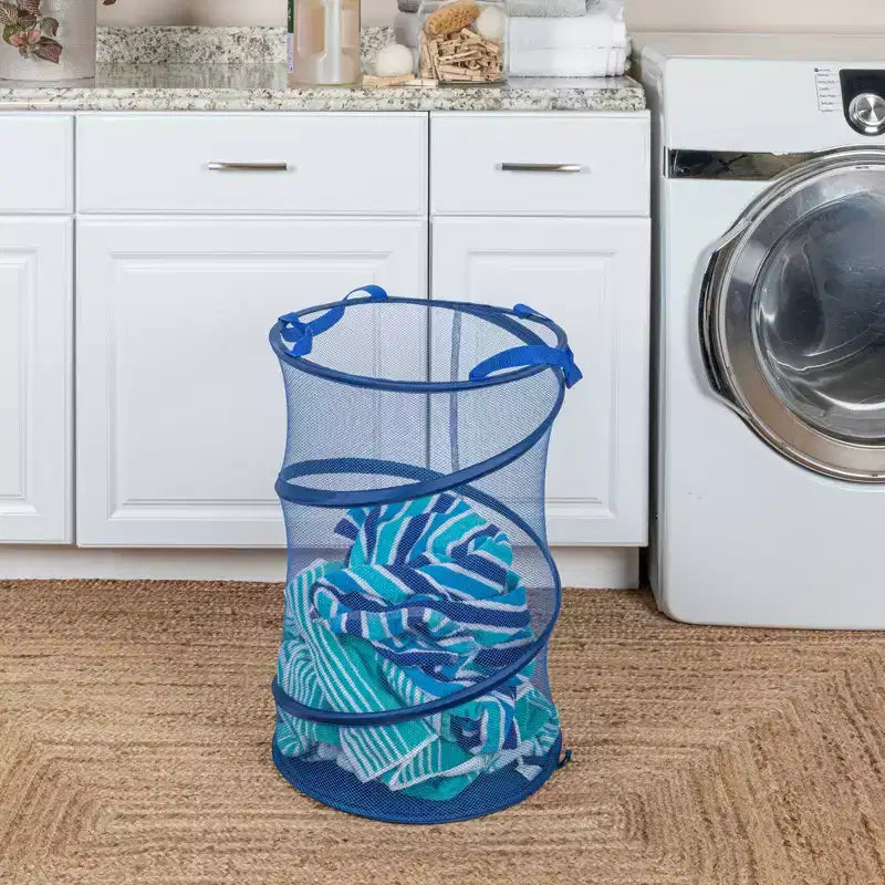 Panier à linge en maille escamotable, armature en acier à ressort, doublure en maille pour la circulation de l'air, grande capacité, montage facile, rangement compact