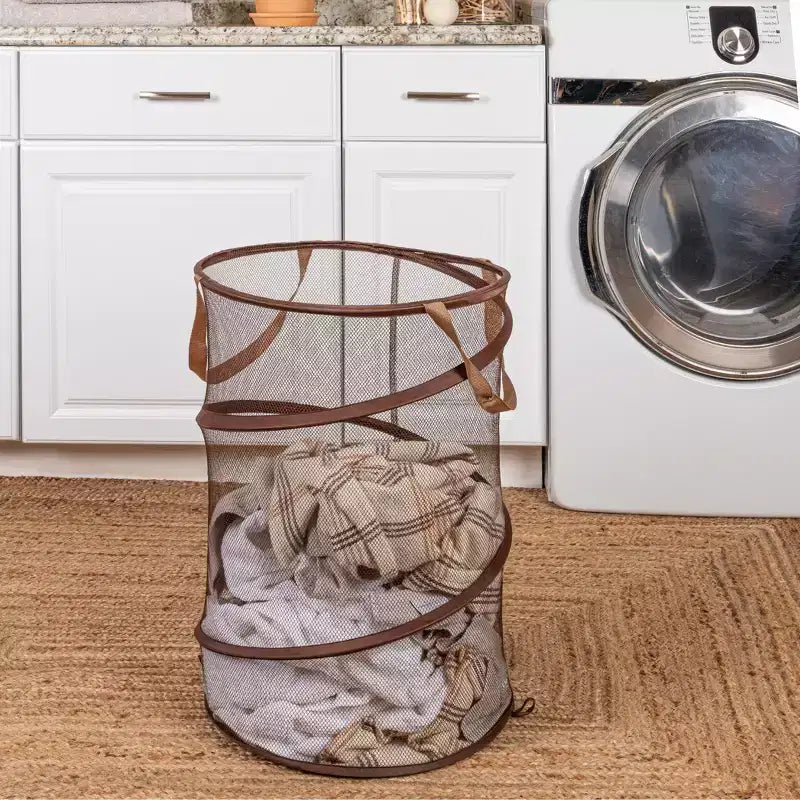 Panier à linge en maille escamotable, armature en acier à ressort, doublure en maille pour la circulation de l'air, grande capacité, montage facile, rangement compact
