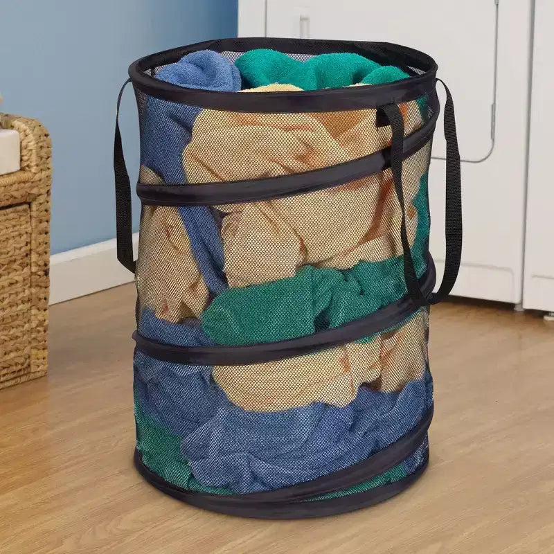 Panier à linge en maille escamotable, armature en acier à ressort, doublure en maille pour la circulation de l'air, grande capacité, montage facile, rangement compact