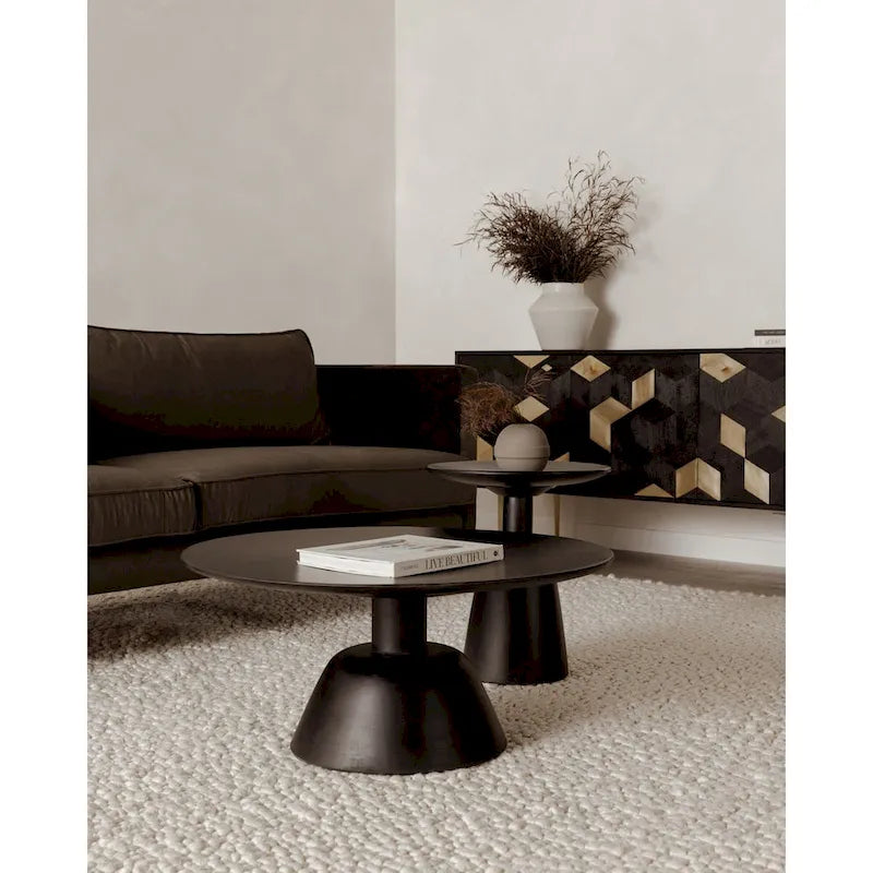 Table basse piédestal ronde moderne pour 1 – Bois massif, 30L x 30P x 14H, Noir / Naturel
